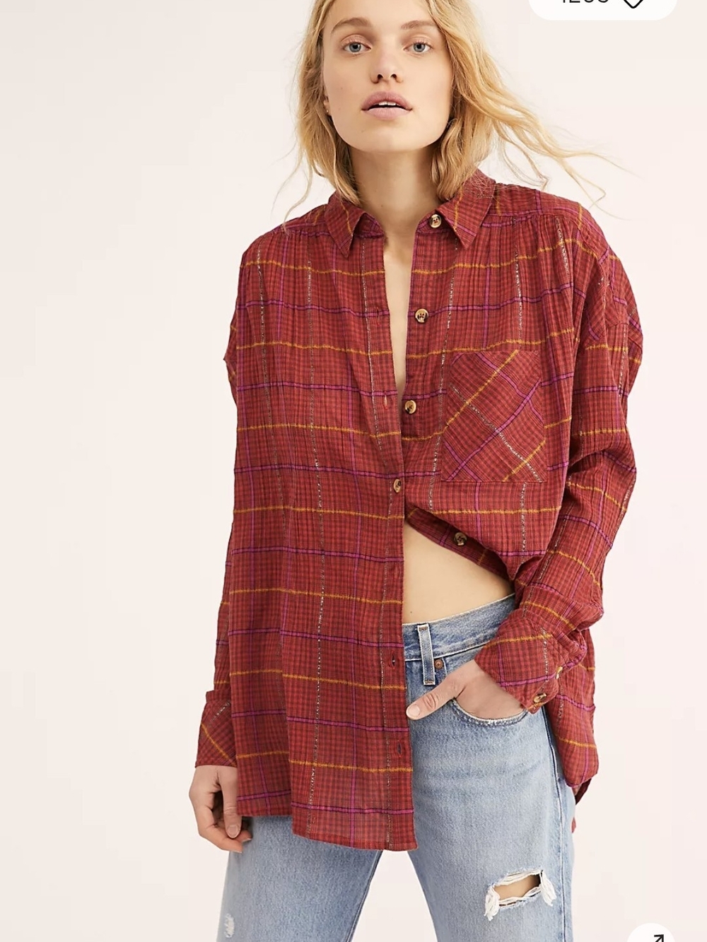 Free People Burgundy Plaid Button-Up Shirt
